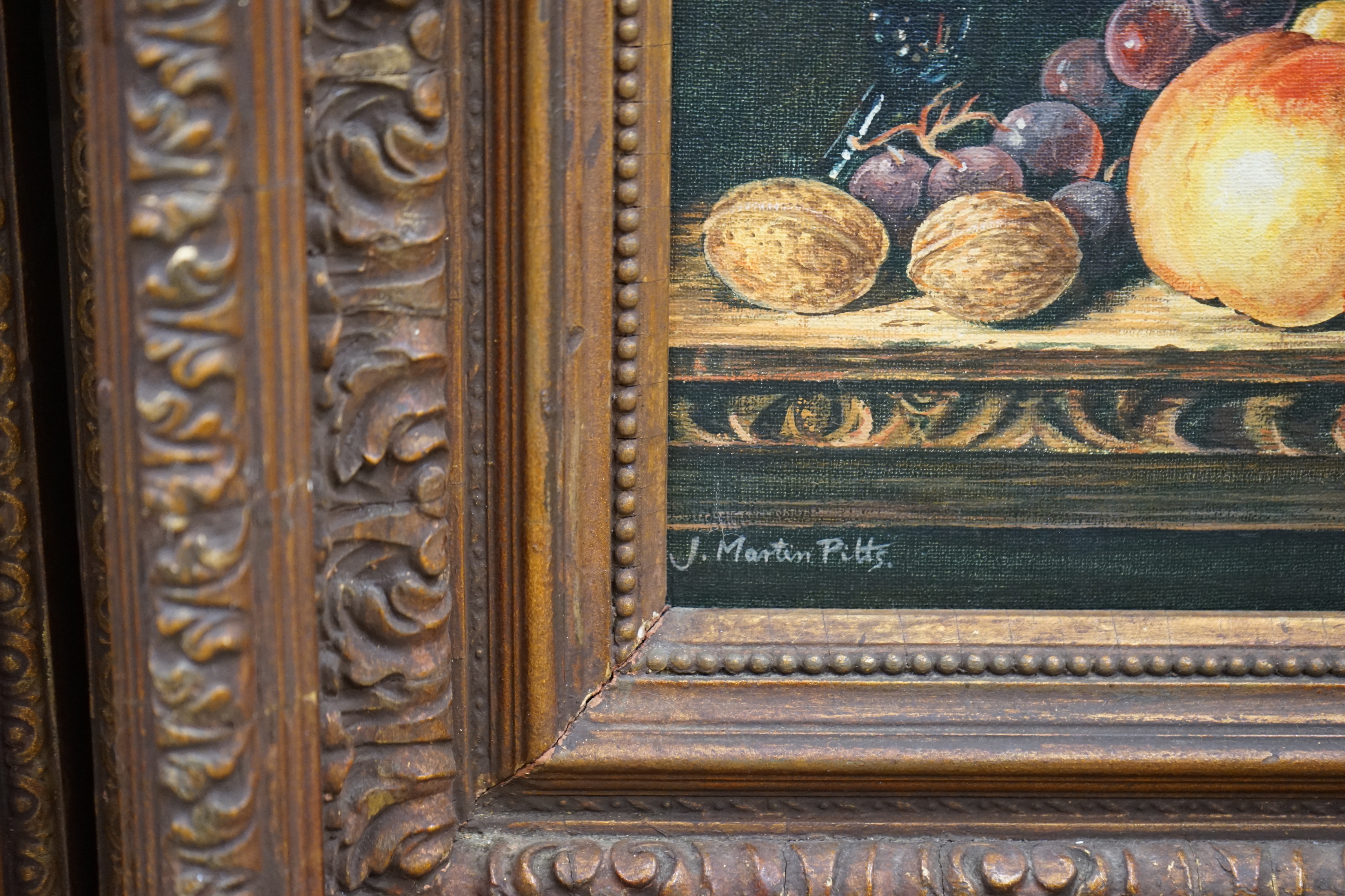 J Martin Pitts, After Jan Van Huijsum (1682-1749) and After Edward Ladell (1821-1886), pair of oils on board, Still lifes of fruit and flowers, each signed, inscribed verso, 26 x 22cm